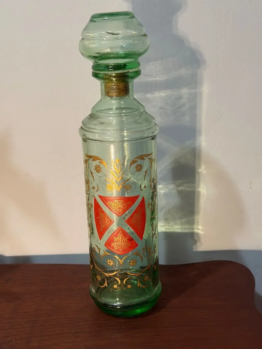 Vintage Mid Century Old Fitzgerald Bourbon Green Glass Decanter Bottle Crest